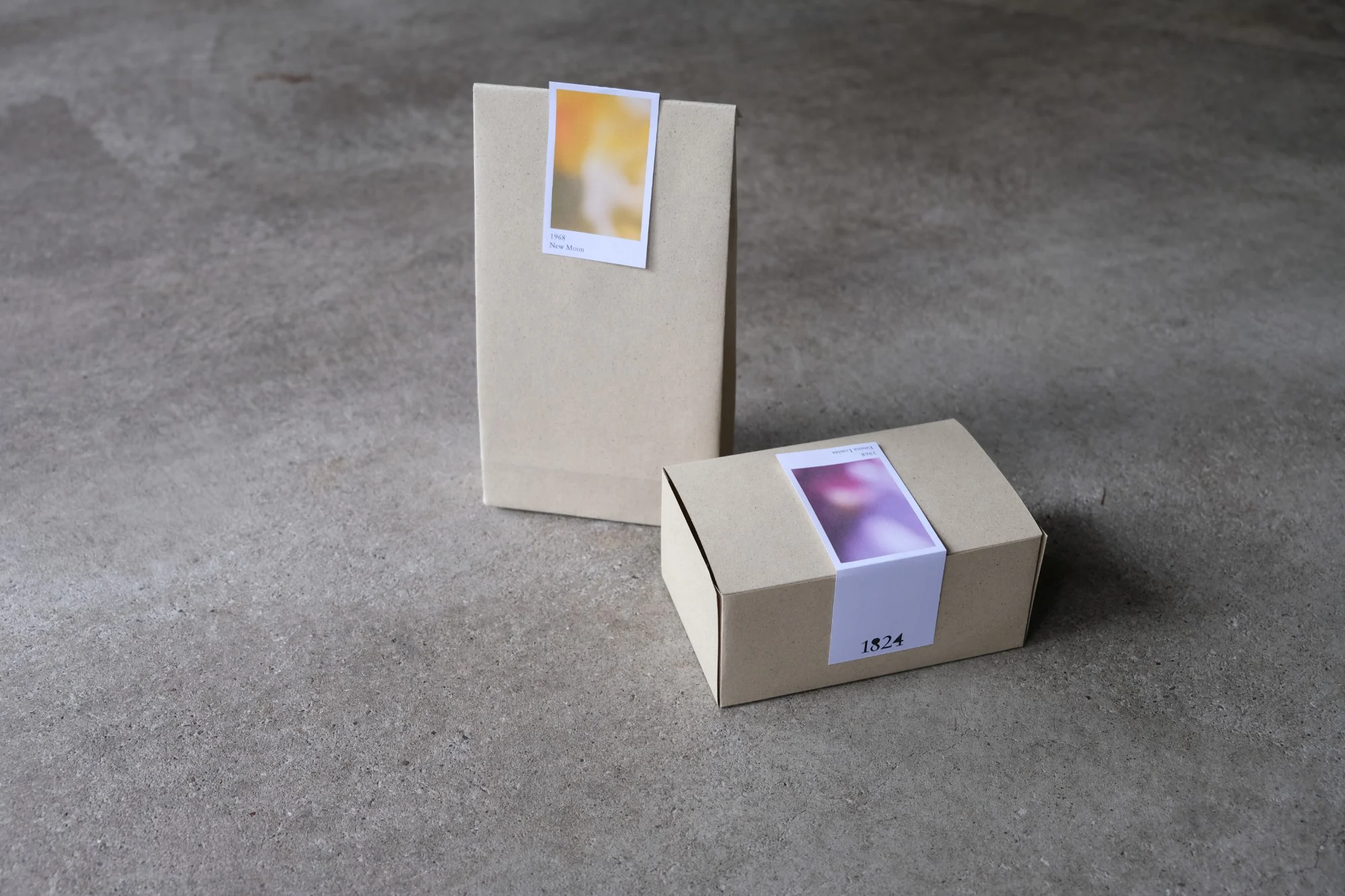 Packaging: paper bag and box with flower labels