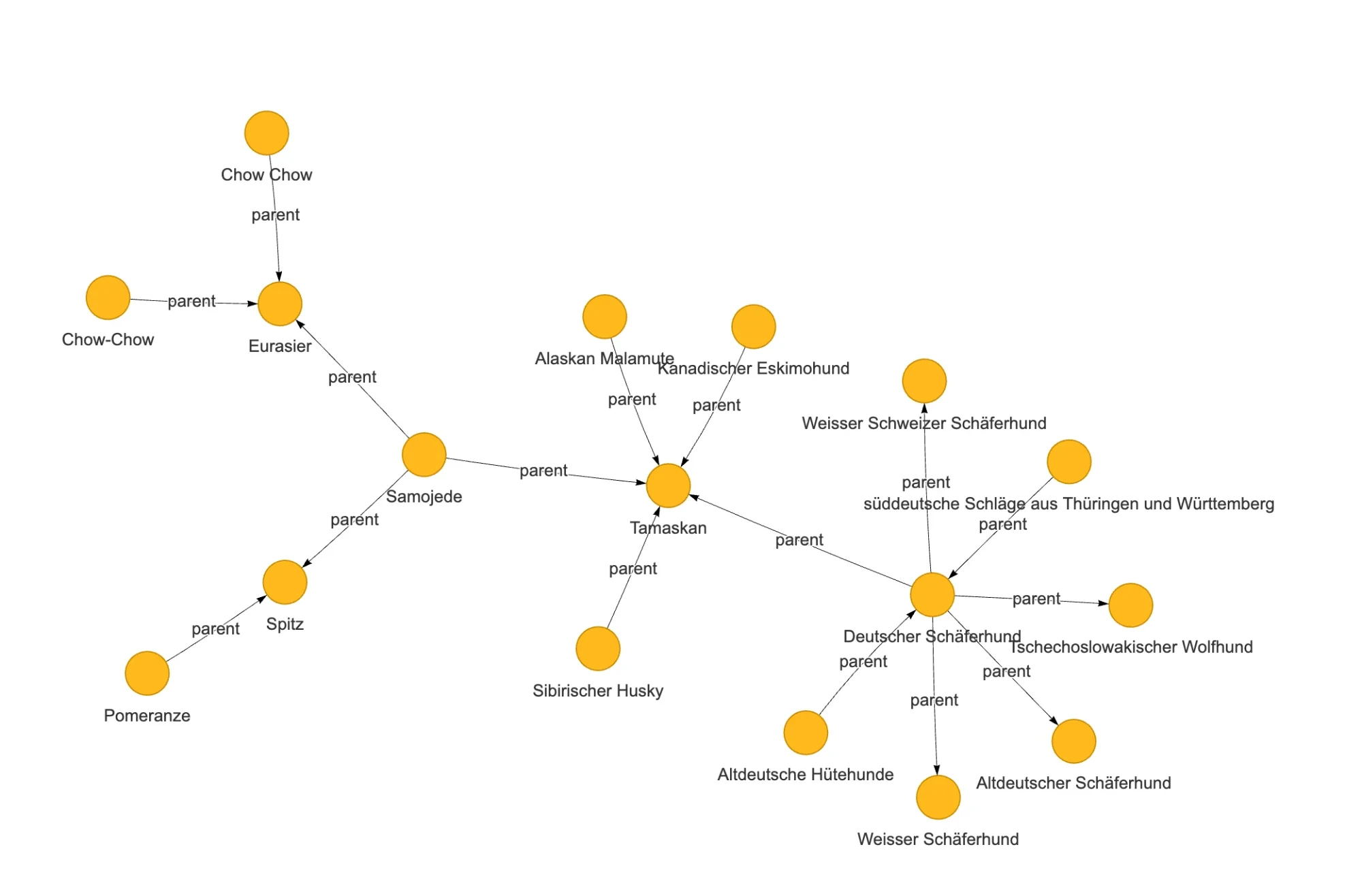 Graph of dog breeds and their parent breeds from the ontology