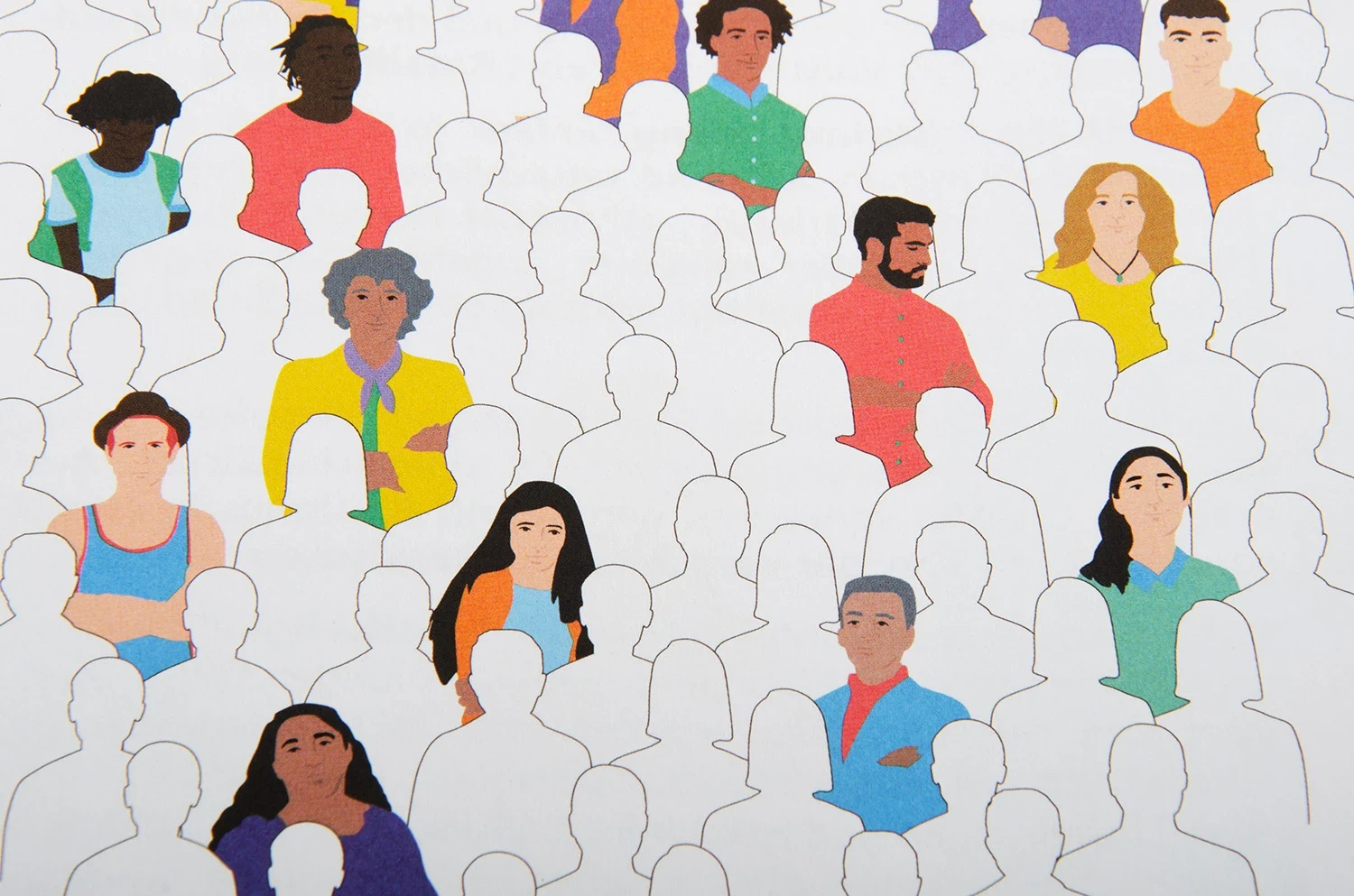 Illustrated crowd: some people in colour among white outlines
