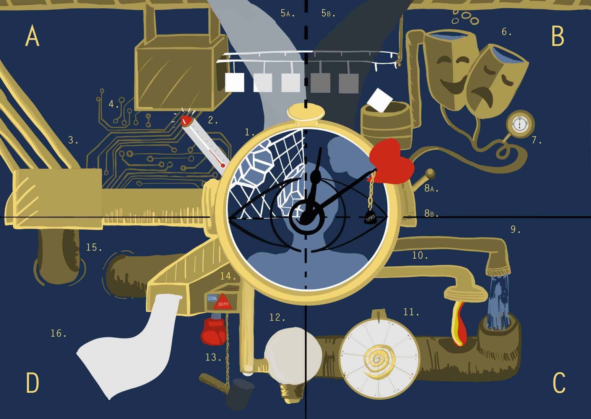 Illustration of the «Momentograph». A speculation about what the machine in our head looks like that captures every moment. 