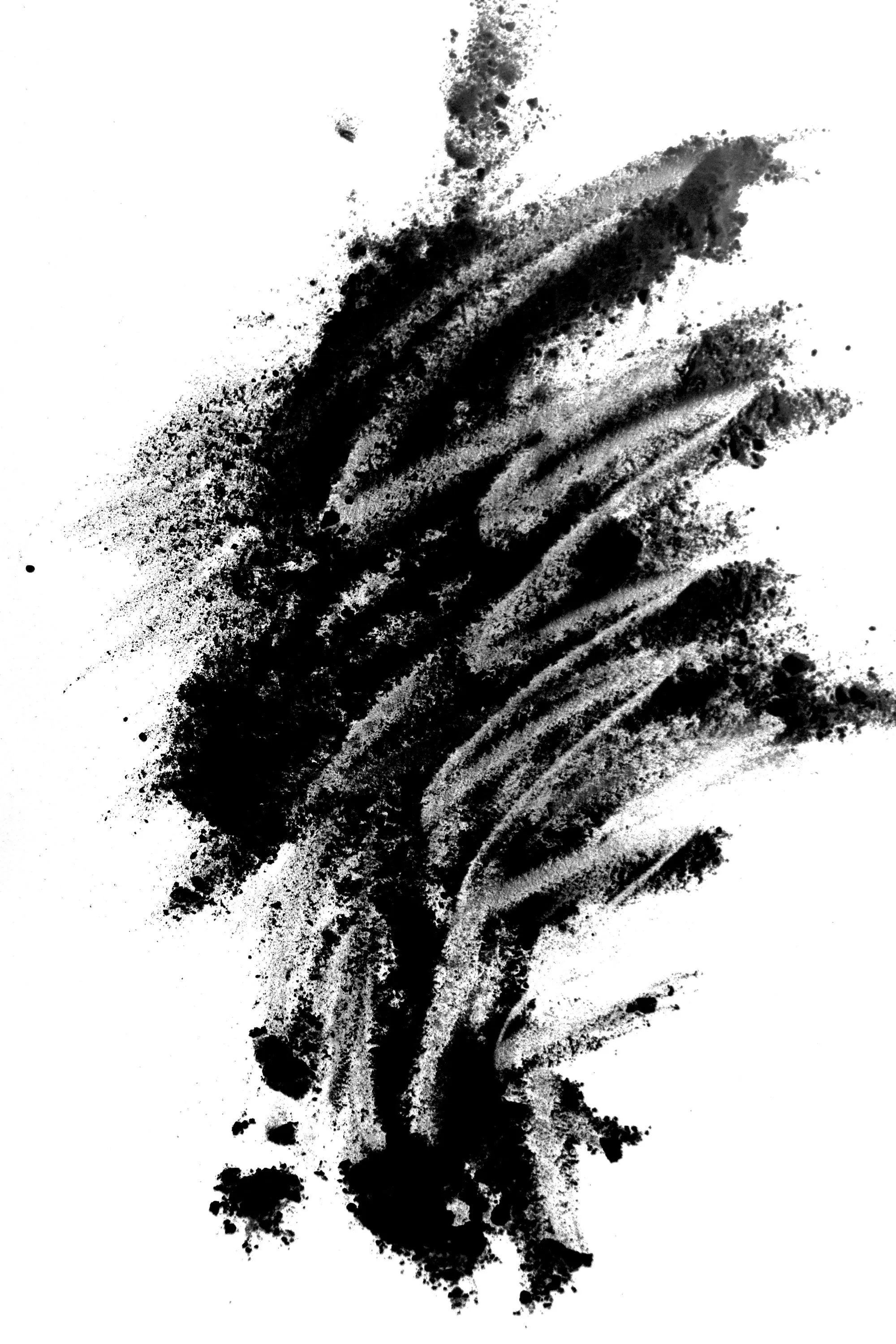 Photography of an experiment with flour. Black flour on white background.