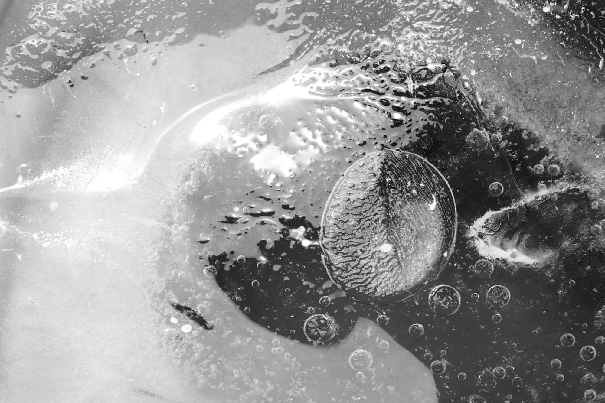 Black and white photography of ice showing the texture of it.