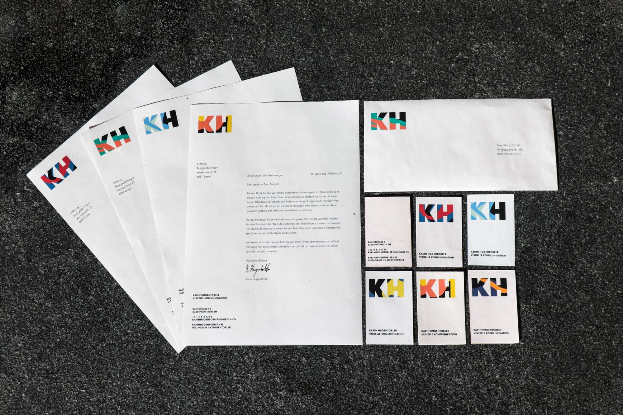 CI of the brand «KH». Design of the letters, the envelope and the business cards.