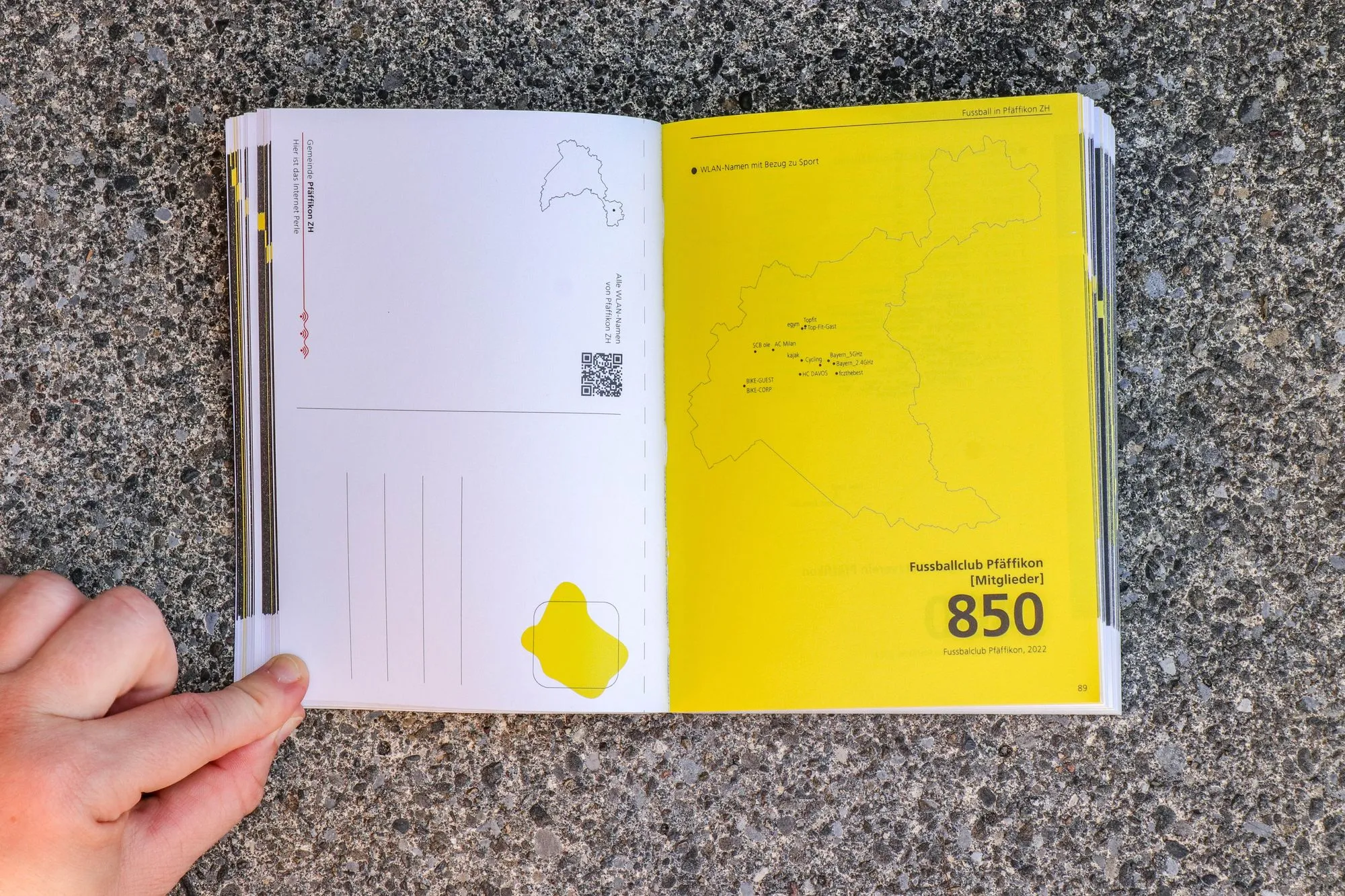 Open book: postcard page and a yellow map of Wi-Fi names related to sport