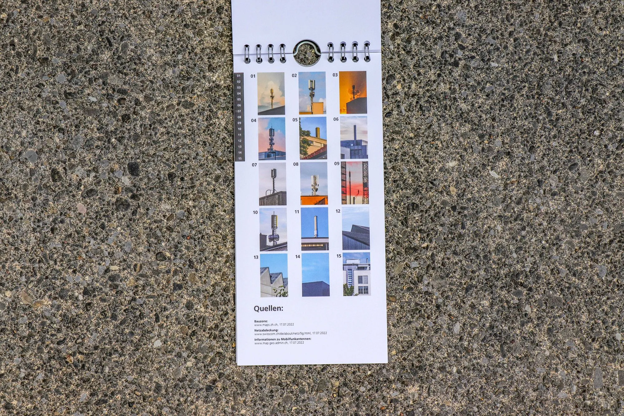 Calendar page with photos of the 15 mobile phone towers in Pfäffikon and the sources