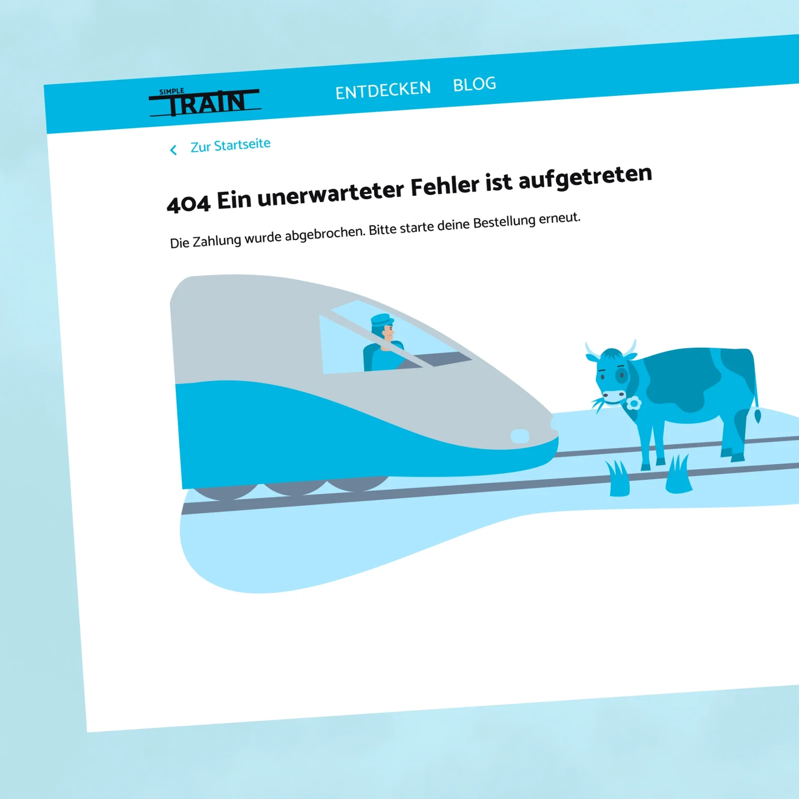 SimpleTrain 404 page with train and cow illustration
