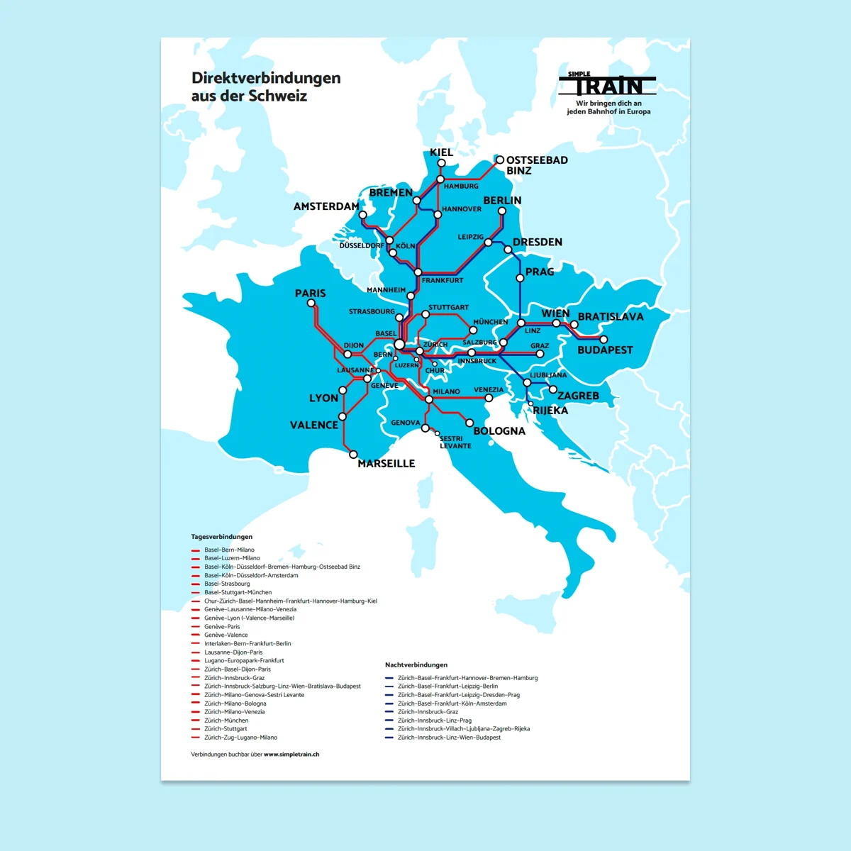 Map of direct train connections from Switzerland