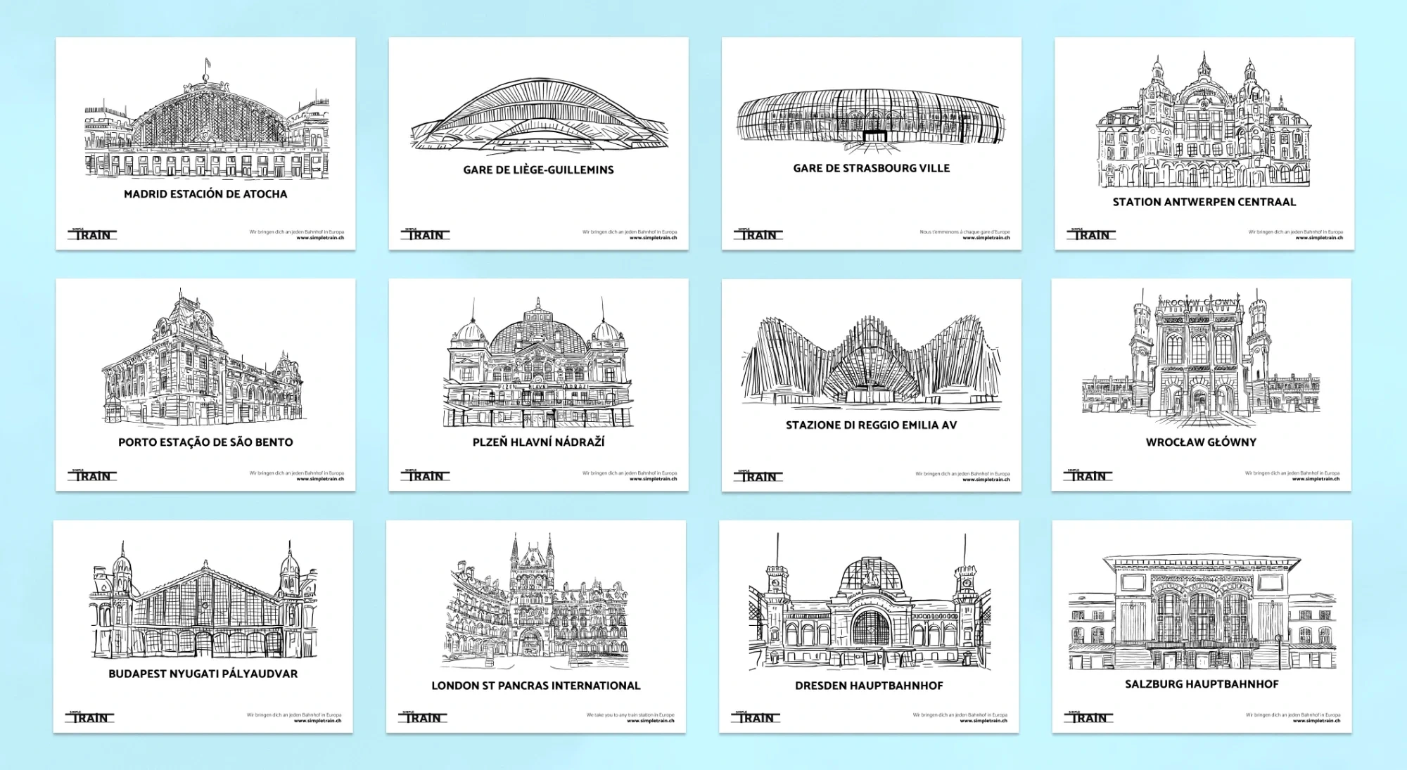 Postcards with drawings of European train stations