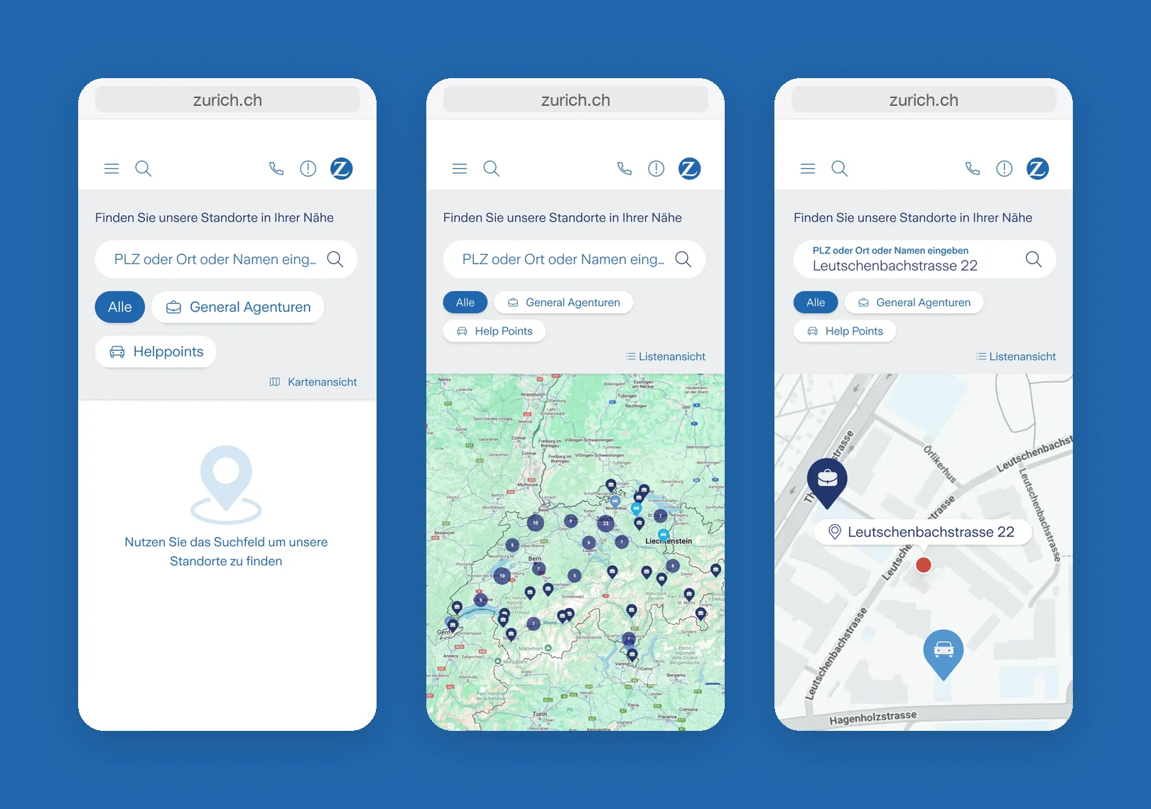 Mobile: start, map overview and map after a search