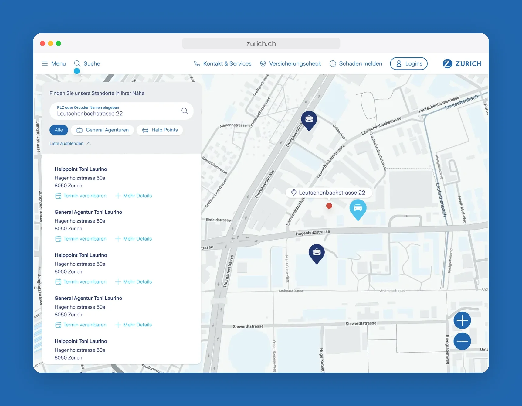 New result list next to the map, filtered by help points