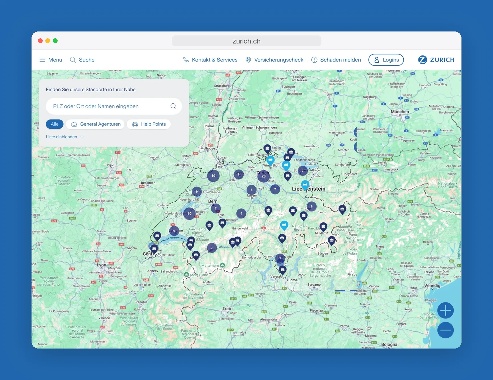 New location finder on desktop: search field, filters and map of Switzerland